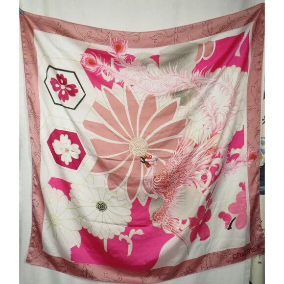 Chico's Scarf Living Beyond Breast Cancer Pink Floral Bird Satin - Picture 3 of 6